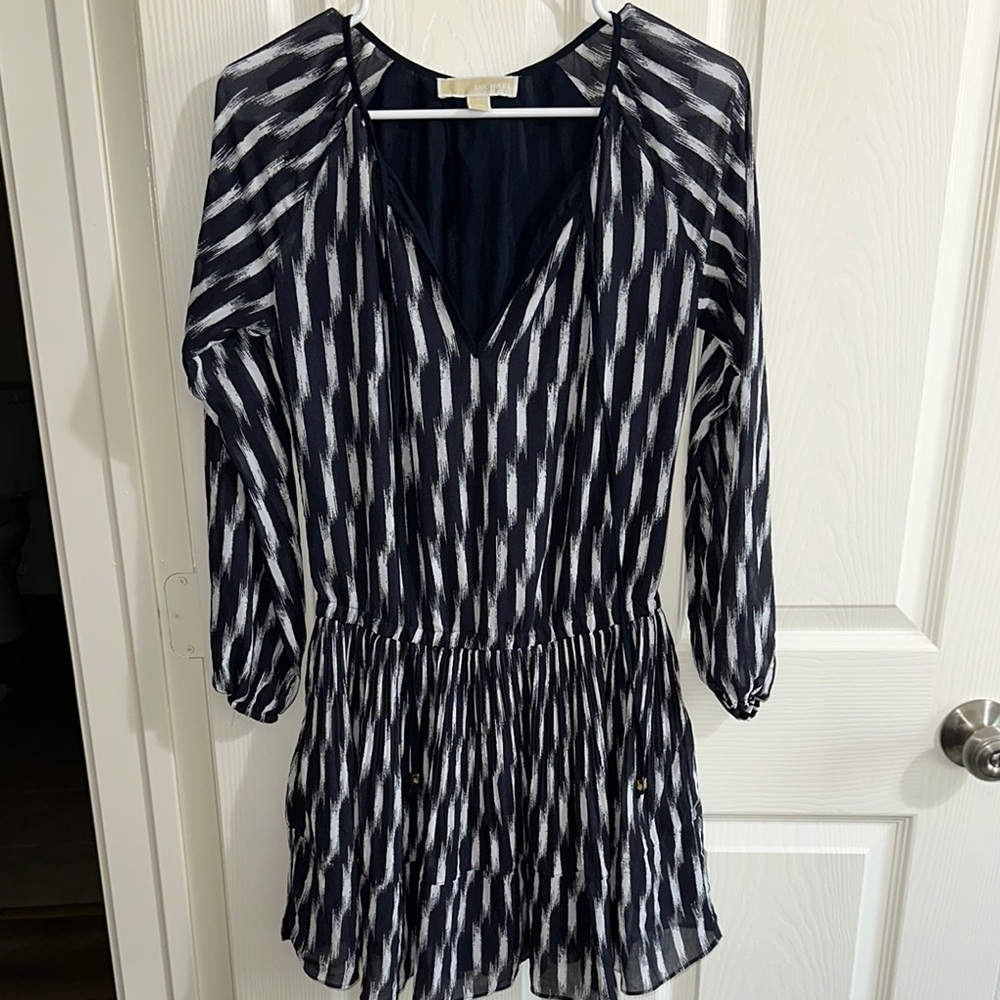 Michael Kors Blue and White Long Sleeve V-Neck Sundress